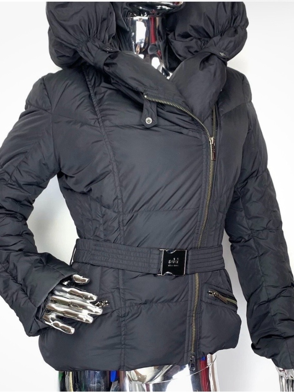 Add Down Black Quilted Belted Puffer Jacket with Hood
